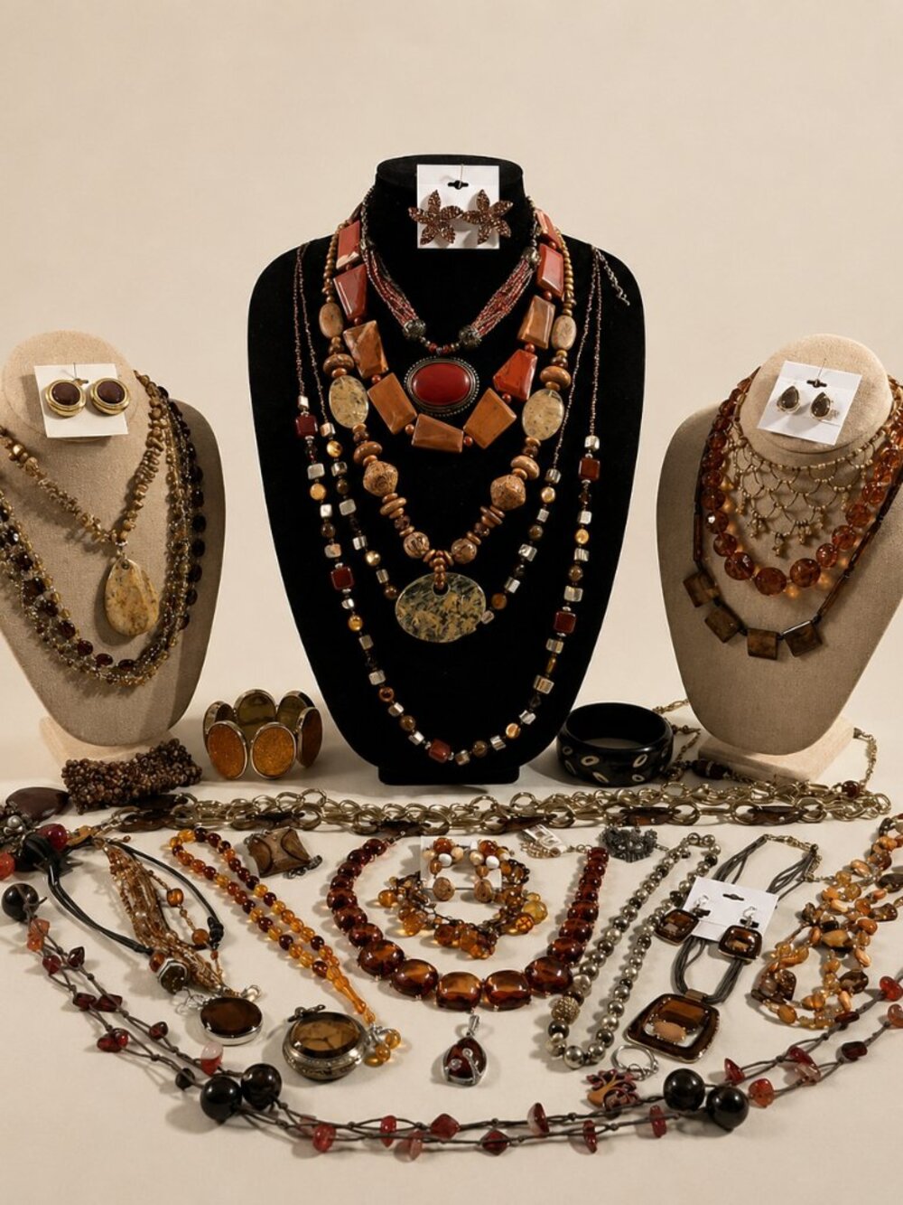 💎Boho Earth Tone Statement Jewelry Lot | Amber Brown Beaded Necklaces, Earrings